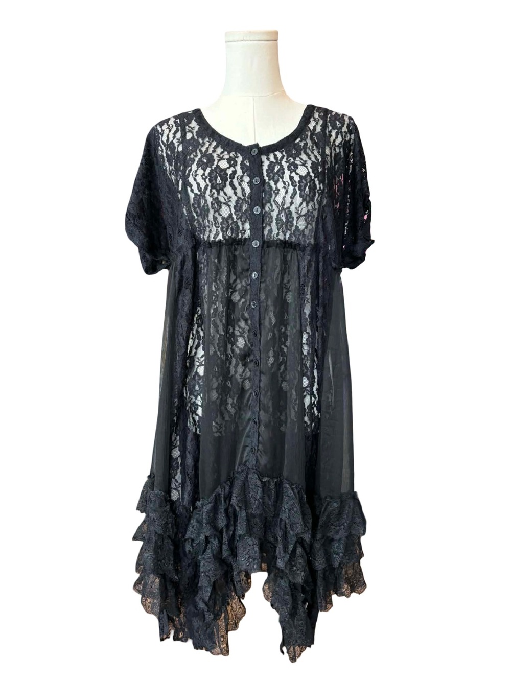 Free People Black Lace Ruffled Button-Front Dress